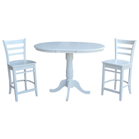 International Concepts Round 36 in Rd Extension Dining Table 34.9 inH, 2 Emily Counter Ht Stools, White, 36 in W, 48 in L K08-36RXT-S6172
